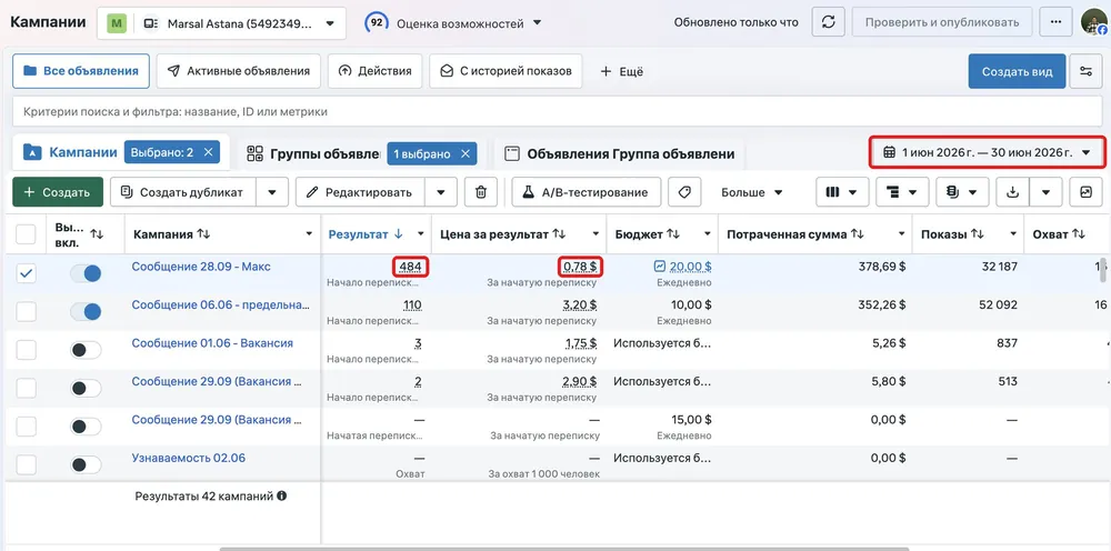 Кампании Marsal за июнь 2026: 484 начатые переписки по 0,78 доллара, выделены красной рамкой